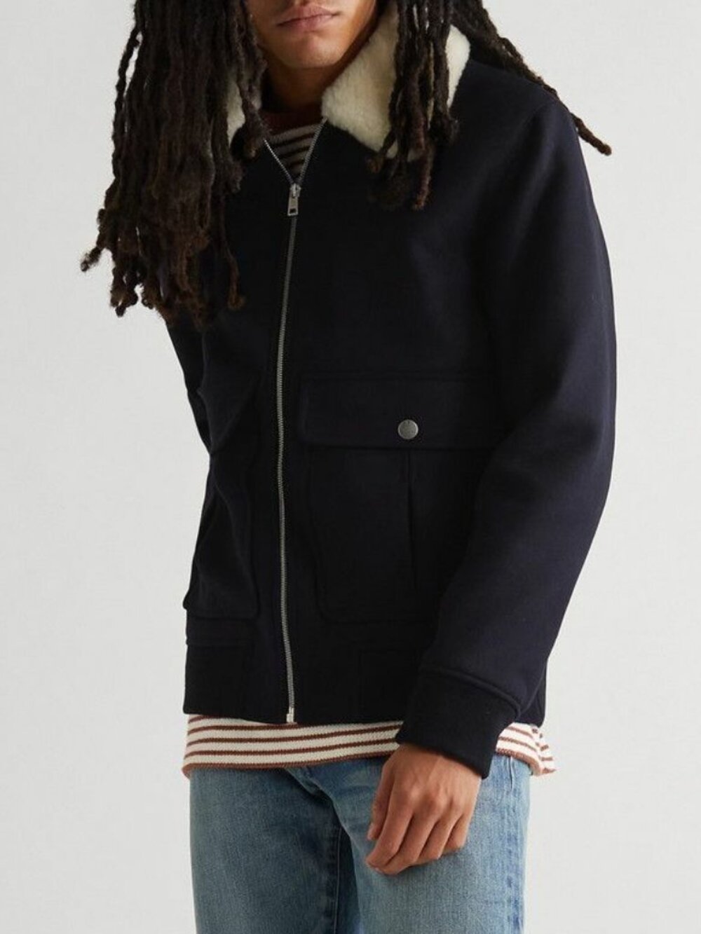 A.P.C. Ben Dark Navy Shearling-Trimmed Wool-Blend Blouson Jacket